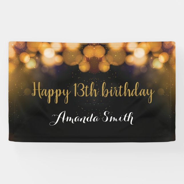 Happy 13th Birthday Banner. Black and Gold Glitter Banner (Horizontal)