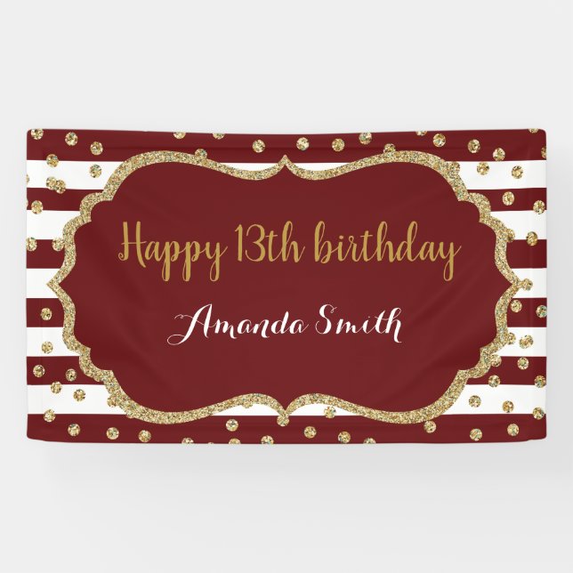 Happy 13th Birthday Banner Burgundy Gold Glitter (Horizontal)