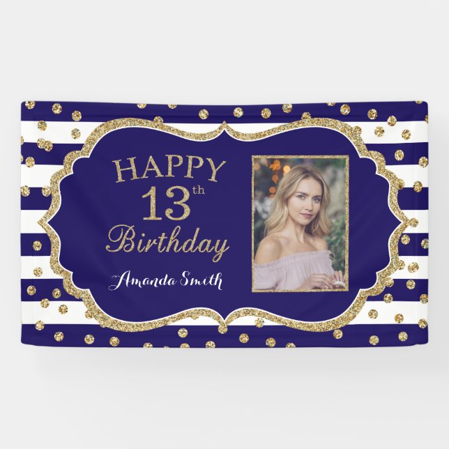 Happy 13th Birthday Banner Navy Blue Gold Photo (Horizontal)