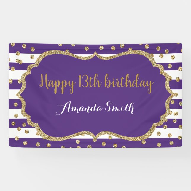 Happy 13th Birthday Banner Purple Gold Glitter (Horizontal)