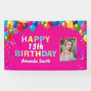 Happy 13th Birthday Colorful Balloons Hot Pink Banner