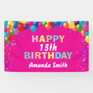 Happy 13th Birthday Colourful Balloons Hot Pink Banner