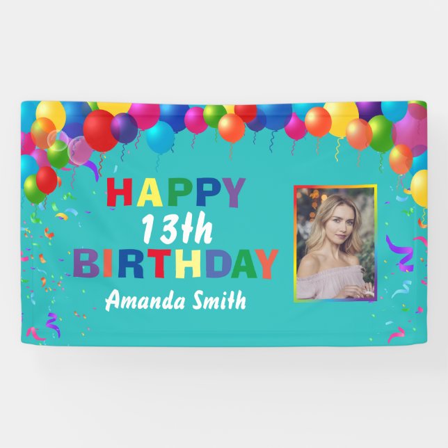 Happy 13th Birthday Colourful Balloons Teal Banner (Horizontal)