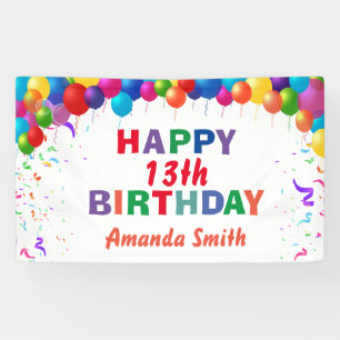 Happy 13th Birthday Colourful Balloons White Banner