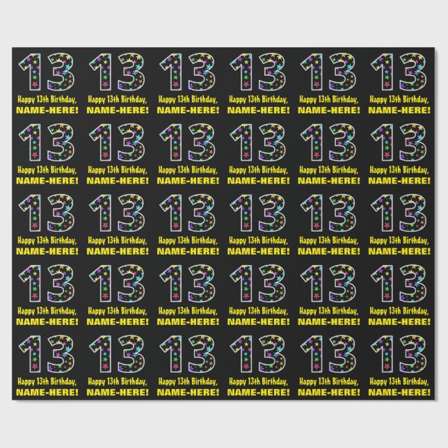 Happy 13th Birthday, Fun Colourful Stars Pattern 1 Wrapping Paper (Flat)