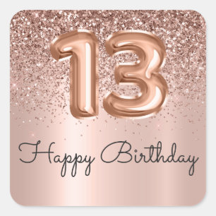 Happy 13th Birthday Rose Gold Glitter Monogram Square Sticker