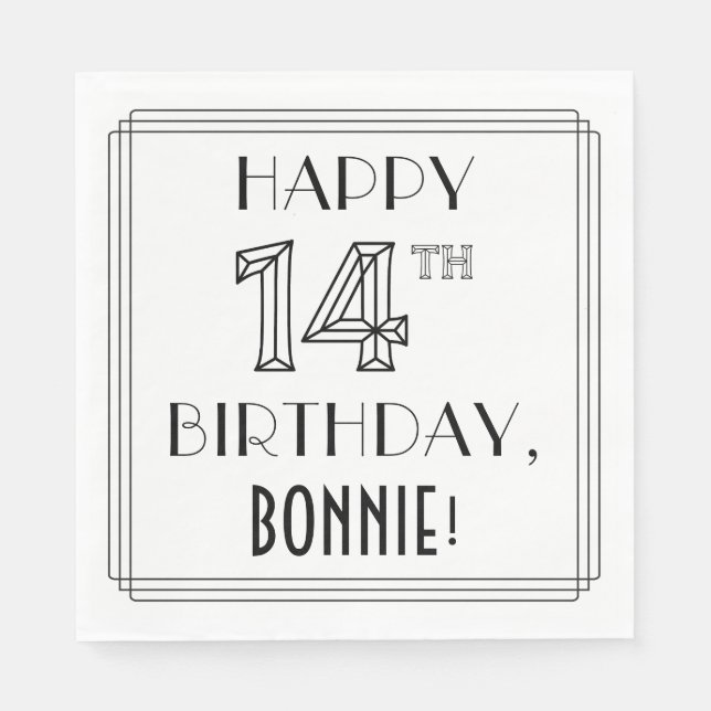 HAPPY 14TH BIRTHDAY; Art Deco Style; Custom Name Napkin (Front)