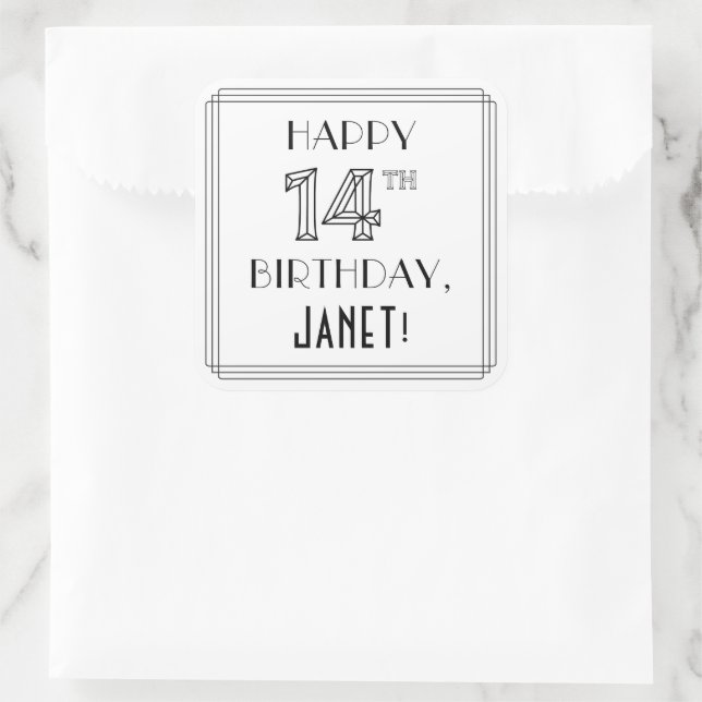 HAPPY 14TH BIRTHDAY, Art Deco Style, Custom Name Square Sticker (Bag)