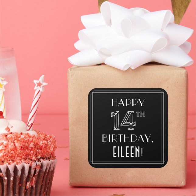 HAPPY 14TH BIRTHDAY; Art Deco Style; Custom Name Square Sticker (Party)