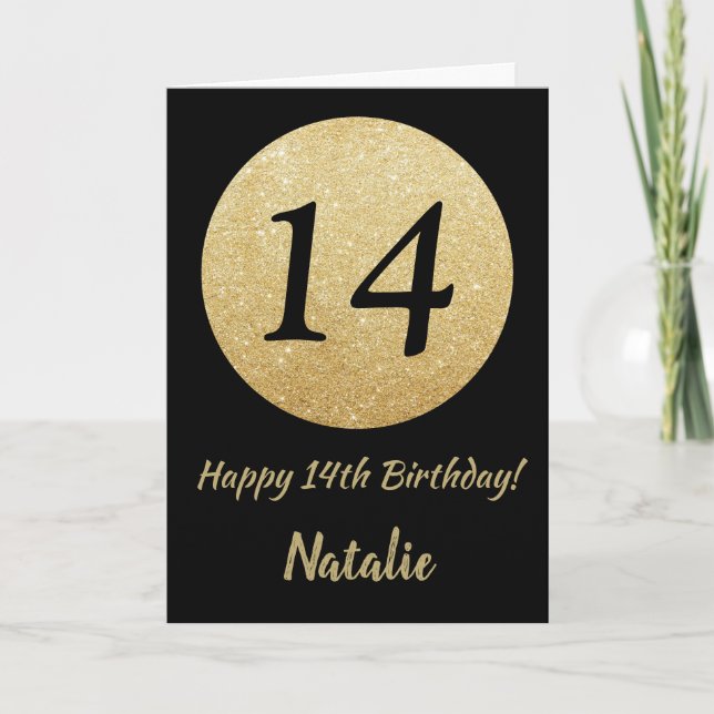 Happy 14th Birthday Black and Gold Glitter Card (Front)
