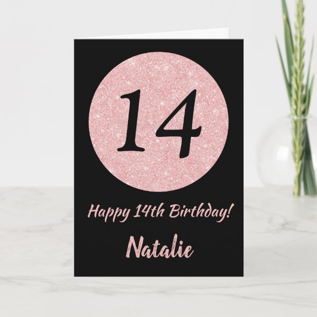 Happy 14th Birthday Black and Rose Pink Gold Card (Front)