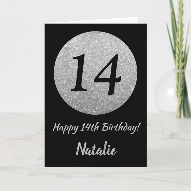 Happy 14th Birthday Black and Silver Glitter Card (Front)