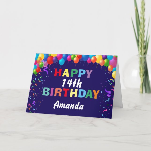 Happy 14th Birthday Colourful Balloons Navy Blue Card (Front)
