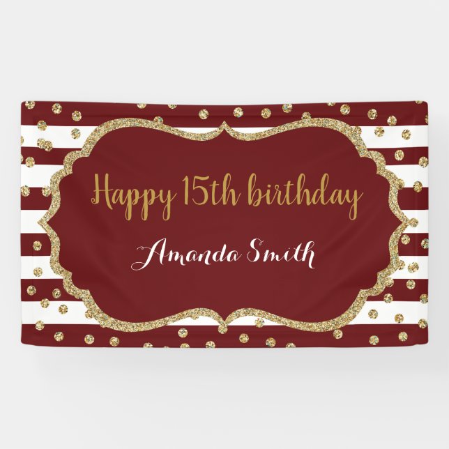 Happy 15th Birthday Banner Burgundy Gold Glitter (Horizontal)