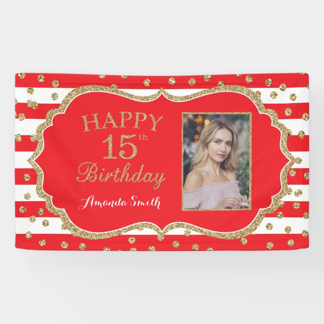 Happy 15th Birthday Banner Red Gold Glitter Photo (Horizontal)