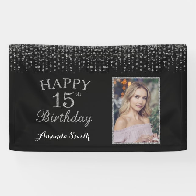 Happy 15th Birthday Banner. Silver Glitter Photo Banner (Horizontal)