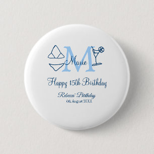 Happy 15th Birthday blue add name monogram bikini 2 Inch Round Button