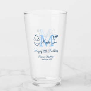 Happy 15th Birthday blue add name monogram bikini Glass