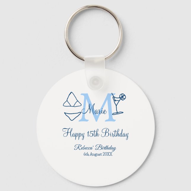 Happy 15th Birthday blue add name monogram bikini Keychain (Front)