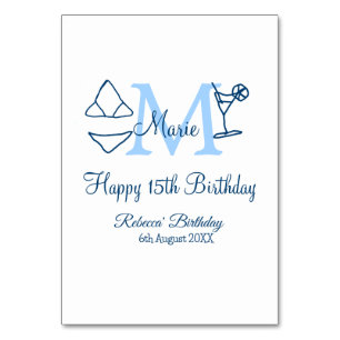 Happy 15th Birthday blue add name monogram bikini Table Number