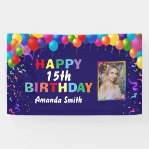 Happy 15th Birthday Colorful Balloons Navy Blue Banner