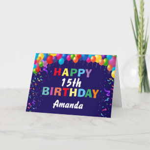 Happy 15th Birthday Colorful Balloons Navy Blue Card