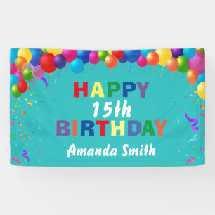 Happy 15th Birthday Colorful Balloons Teal Banner