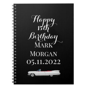 Happy 15th birthday for boy man black white notebook