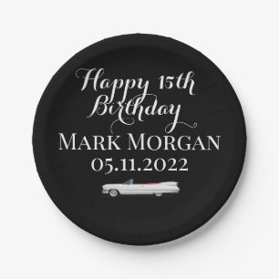 Happy 15th birthday gift for boy black white paper plate