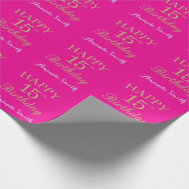 Happy 15th Birthday Gold Glitter and Hot Pink Wrapping Paper (Corner)