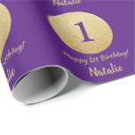 Happy 15th Birthday Purple and Gold Glitter Wrapping Paper<br><div class="desc">Happy 1st Birthday Purple and Gold Glitter Wrapping Paper with personalized name. For further customization,  please click the "Customize it" button and use our design tool to modify this template.</div>