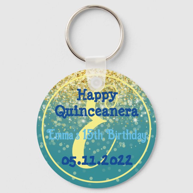 Happy 15th Birthday quinceanera party gold glitter Keychain (Front)