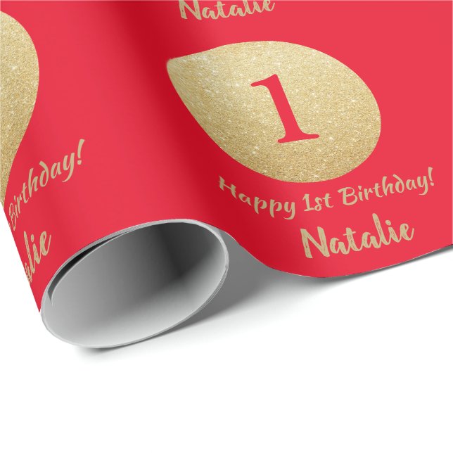 Happy 15th Birthday Red and Gold Glitter Wrapping Paper (Roll Corner)