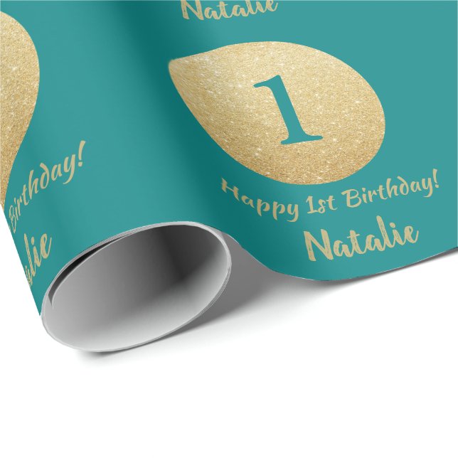 Happy 15th Birthday Teal and Gold Glitter Wrapping Paper (Roll Corner)