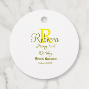 Happy 15th Birthday yellow add name monogram moder Favour Tags