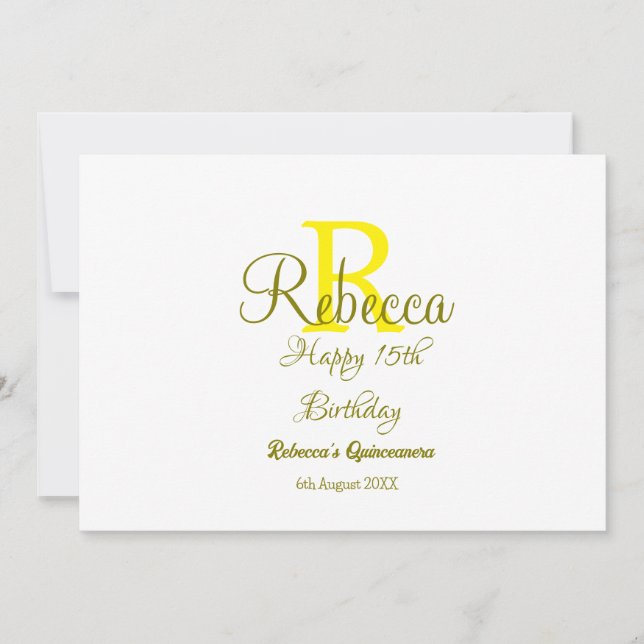 Happy 15th Birthday yellow add name monogram moder Invitation (Front)