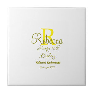 Happy 15th Birthday yellow add name monogram moder Tile