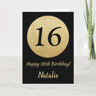 Happy 16h Birthday Black and Gold Glitter Card