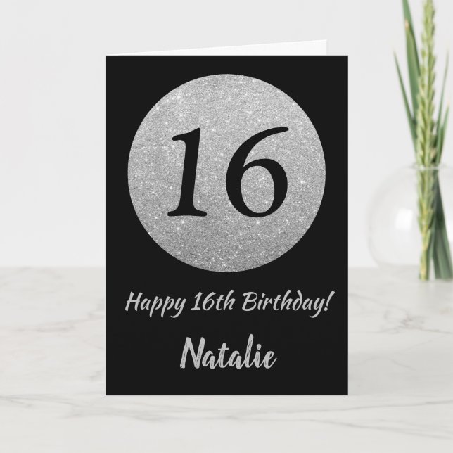 Happy 16h Birthday Black and Silver Glitter Card (Front)