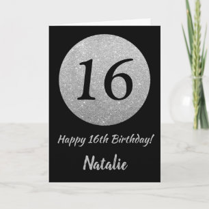Happy 16h Birthday Black and Silver Glitter Card