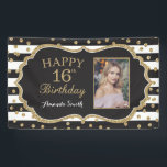 Happy 16th Birthday Banner. Gold Glitter Photo Banner<br><div class="desc">Happy 16th Birthday Banner for women or man. Black and Gold Birthday Party Banner. Gold Glitter Confetti. Black and White Stripes. Printable Digital. For further customization,  please click the "Customize it" button and use our design tool to modify this template.</div>