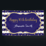 Happy 16th Birthday Banner Navy Blue Gold Glitter<br><div class="desc">Happy 16th Birthday Banner for women or man. Navy Blue and Gold Birthday Party Banner. Gold Glitter Confetti. Black and White Stripes. Printable Digital. For further customization,  please click the "Customize it" button and use our design tool to modify this template.</div>