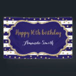 Happy 16th Birthday Banner Navy Blue Gold Glitter<br><div class="desc">Happy 16th Birthday Banner for women or man. Navy Blue and Gold Birthday Party Banner. Gold Glitter Confetti. Black and White Stripes. Printable Digital. For further customization,  please click the "Customize it" button and use our design tool to modify this template.</div>