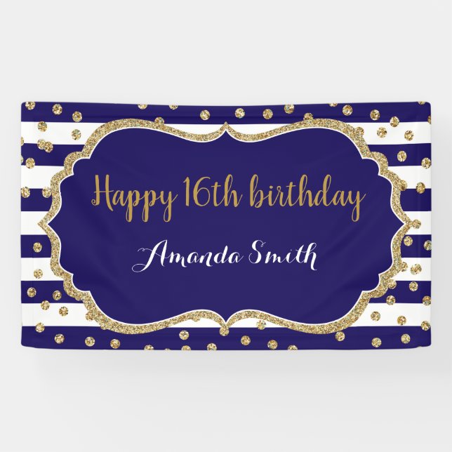 Happy 16th Birthday Banner Navy Blue Gold Glitter (Horizontal)