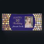Happy 16th Birthday Banner. Navy Blue Gold Photo Banner<br><div class="desc">Happy 16th Birthday Banner for women or man. Navy Blue and Black and Gold Birthday Party Banner. Gold Glitter Confetti. Black and White Stripes. Printable Digital. For further customization,  please click the "Customize it" button and use our design tool to modify this template.</div>