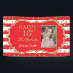 Happy 16th Birthday Banner Red Gold Glitter Photo<br><div class="desc">Happy 16th Birthday Banner for women or man. Red and Gold Glitter Birthday Party Banner. Gold Glitter Confetti. Red and White Stripes. Printable Digital. For further customization,  please click the "Customize it" button and use our design tool to modify this template.</div>