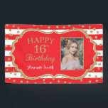 Happy 16th Birthday Banner Red Gold Glitter Photo<br><div class="desc">Happy 16th Birthday Banner for women or man. Red and Gold Glitter Birthday Party Banner. Gold Glitter Confetti. Red and White Stripes. Printable Digital. For further customization,  please click the "Customize it" button and use our design tool to modify this template.</div>