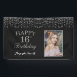 Happy 16th Birthday Banner. Silver Glitter Photo Banner<br><div class="desc">Happy 16th Birthday Banner for women or man. Black and Silver Birthday Party Banner. Silver Glitter Confetti. Black and White Stripes. Printable Digital. For further customization,  please click the "Customize it" button and use our design tool to modify this template.</div>