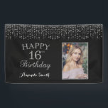 Happy 16th Birthday Banner. Silver Glitter Photo Banner<br><div class="desc">Happy 16th Birthday Banner for women or man. Black and Silver Birthday Party Banner. Silver Glitter Confetti. Black and White Stripes. Printable Digital. For further customization,  please click the "Customize it" button and use our design tool to modify this template.</div>