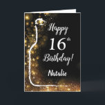 Happy 16th Birthday Black and Gold Glitter Wine Card<br><div class="desc">Happy 16th Birthday Black and Gold Glitter Wine Card with personalized name. For further customization,  please click the "Customize it" button and use our design tool to modify this template.</div>
